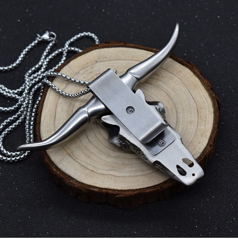 Damascus Steel D2 Steel ox head pendant handicraft EDC Tea Knife Outdoor Personal Defense Knife Tactical Gear Camping Tool