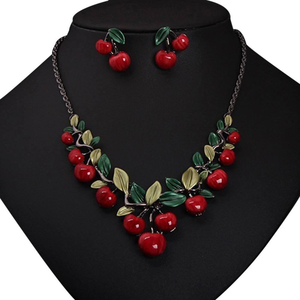 2023 Necklace Sets For Women 1 Set Vintage Red Cherry Fruit Jewelry Set Chic Bridal Necklace Earrings new