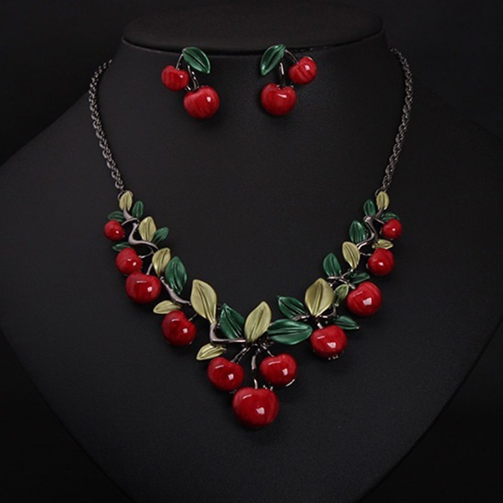 2023 Necklace Sets For Women 1 Set Vintage Red Cherry Fruit Jewelry Set Chic Bridal Necklace Earrings new