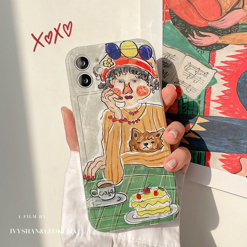 Retro rest time coffee Cherry cake art girls Phone Case For iPhone 13 11 12 14 Pro Xs Max XR X 7 8 Plus case Cute sweet Cover