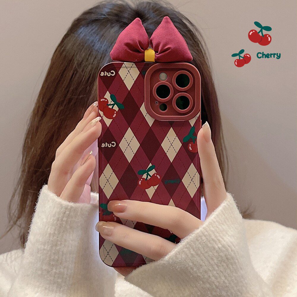 Retro Cherry diamond Plaid geometry art sweet tie bow Phone Case For iPhone14 13 11 ProMax XsMax XR 78 Plus Case Cute Cover 1153