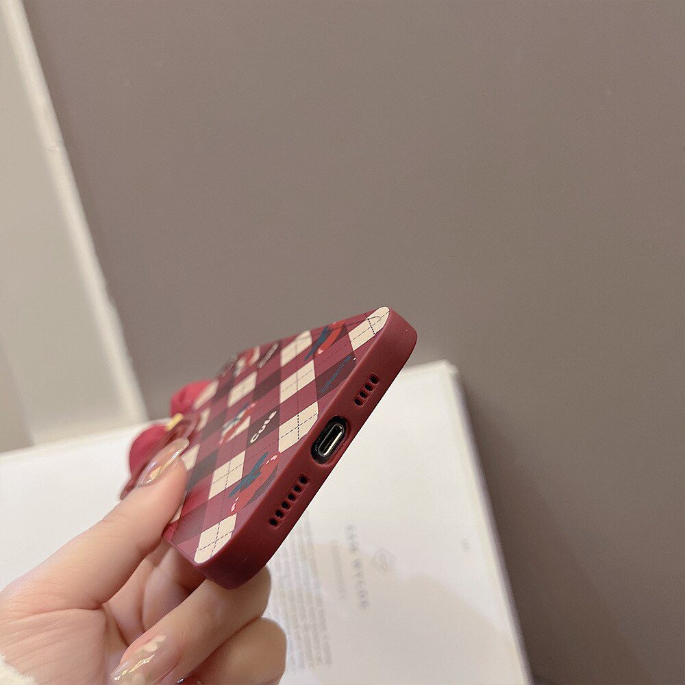 Retro Cherry diamond Plaid geometry art sweet tie bow Phone Case For iPhone14 13 11 ProMax XsMax XR 78 Plus Case Cute Cover 1153