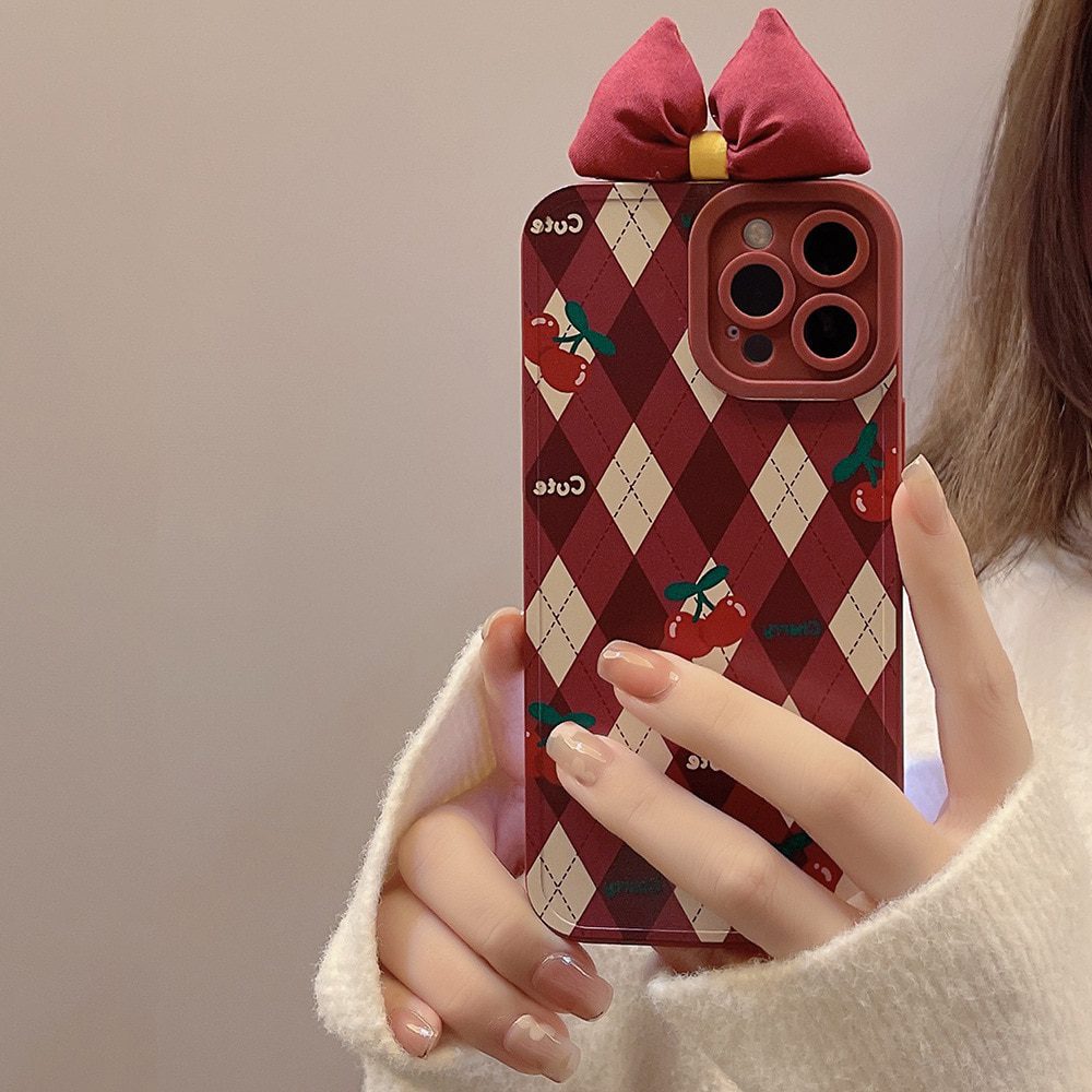 Retro Cherry diamond Plaid geometry art sweet tie bow Phone Case For iPhone14 13 11 ProMax XsMax XR 78 Plus Case Cute Cover 1153