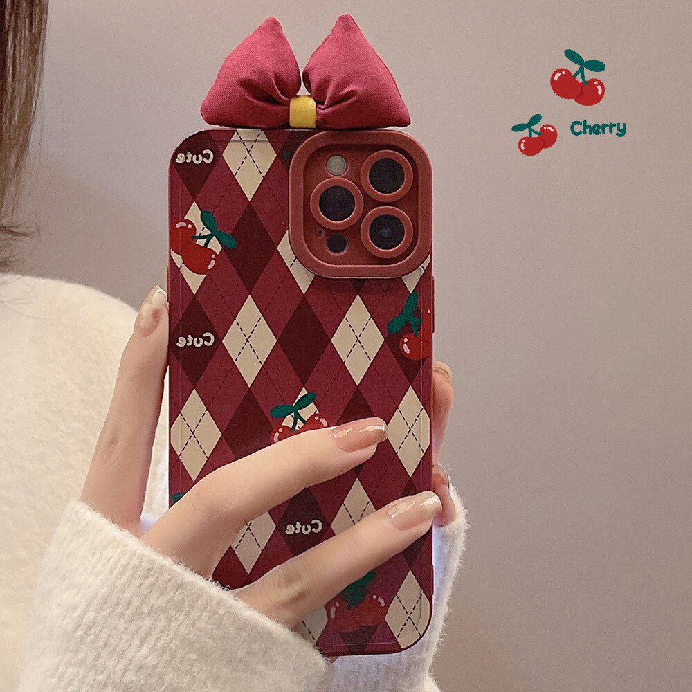 Retro Cherry diamond Plaid geometry art sweet tie bow Phone Case For iPhone14 13 11 ProMax XsMax XR 78 Plus Case Cute Cover 1153