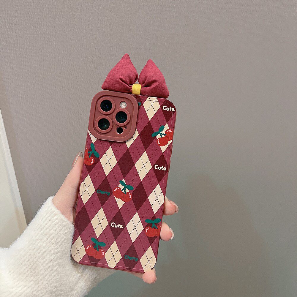 Retro Cherry diamond Plaid geometry art sweet tie bow Phone Case For iPhone14 13 11 ProMax XsMax XR 78 Plus Case Cute Cover 1153