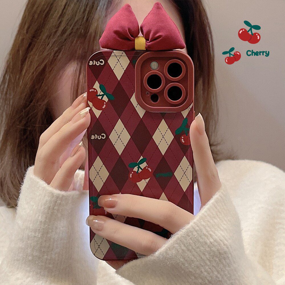 Retro Cherry diamond Plaid geometry art sweet tie bow Phone Case For iPhone14 13 11 ProMax XsMax XR 78 Plus Case Cute Cover 1153