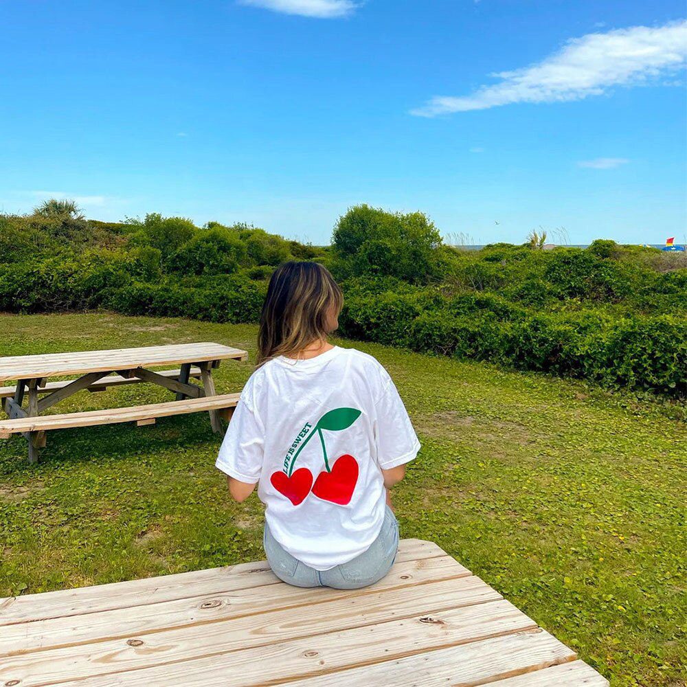 Life is Sweet Cherry Printing Positive White Short Sleeve Tops Women Summer Casual Tees Ins Fashion American Retro T Shirts