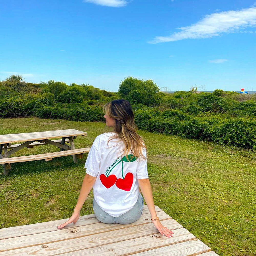 Life is Sweet Cherry Printing Positive White Short Sleeve Tops Women Summer Casual Tees Ins Fashion American Retro T Shirts