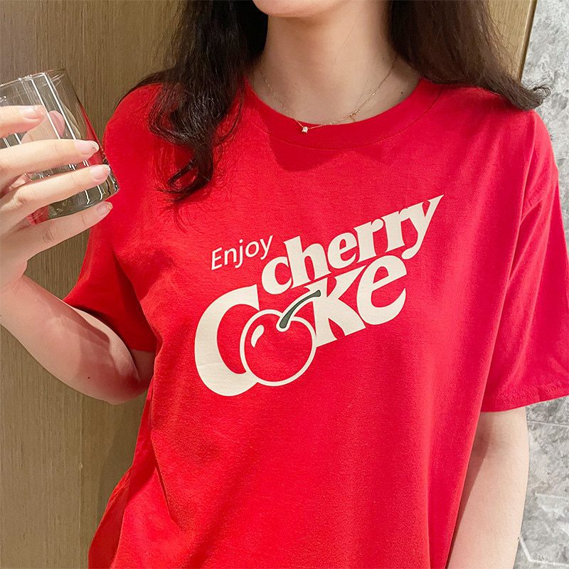 hahayule Enjoy Cherry Coke Printed Graphic Women T Shirts Summer Vintage Style Red Short Sleeve Loose Cotton Cute Aesthetic Tees