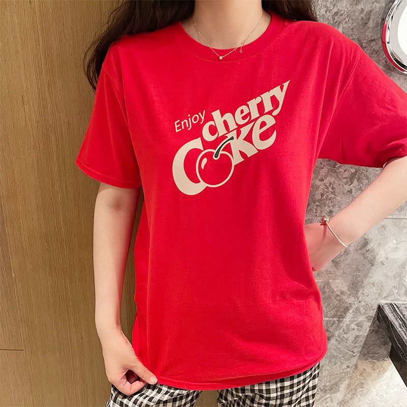hahayule Enjoy Cherry Coke Printed Graphic Women T Shirts Summer Vintage Style Red Short Sleeve Loose Cotton Cute Aesthetic Tees