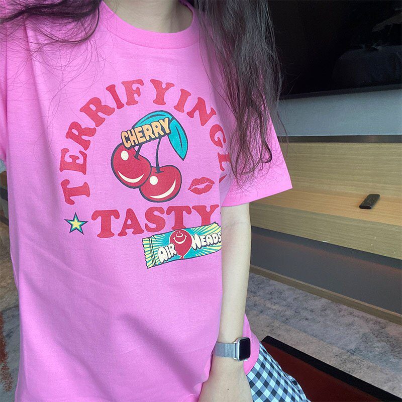 American Vintage Style Cherry Lover's Short Sleeve Printing T shirts Women Loose Cotton Crewneck Tops Tees 80s 90s Casual Shirts