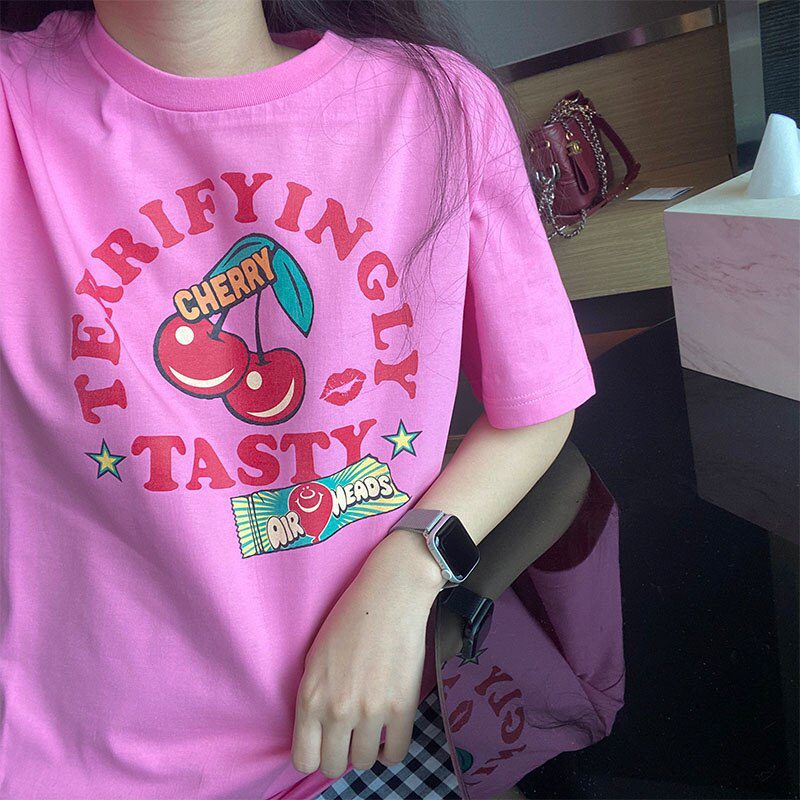 American Vintage Style Cherry Lover's Short Sleeve Printing T shirts Women Loose Cotton Crewneck Tops Tees 80s 90s Casual Shirts