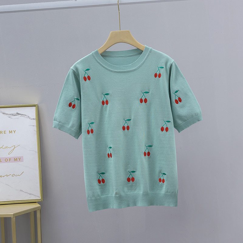 GIGOGOU Cherry Embroidery Summer Women T-Shirt Fashion Basic Loose Short Sleeve T shirt Top OverSized Female Casual Tee Shirt