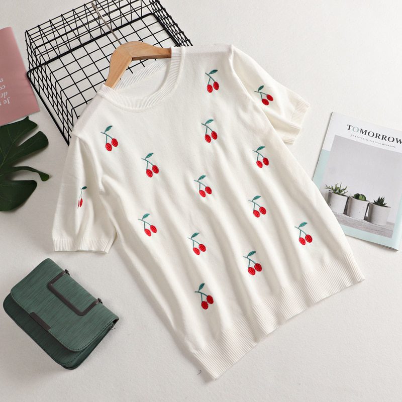 GIGOGOU Cherry Embroidery Summer Women T-Shirt Fashion Basic Loose Short Sleeve T shirt Top OverSized Female Casual Tee Shirt