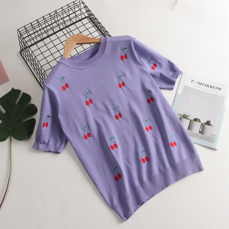 GIGOGOU Cherry Embroidery Summer Women T-Shirt Fashion Basic Loose Short Sleeve T shirt Top OverSized Female Casual Tee Shirt