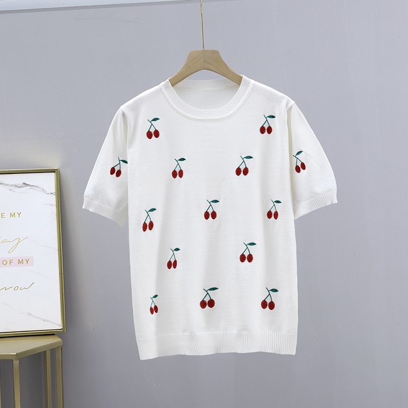 GIGOGOU Cherry Embroidery Summer Women T-Shirt Fashion Basic Loose Short Sleeve T shirt Top OverSized Female Casual Tee Shirt