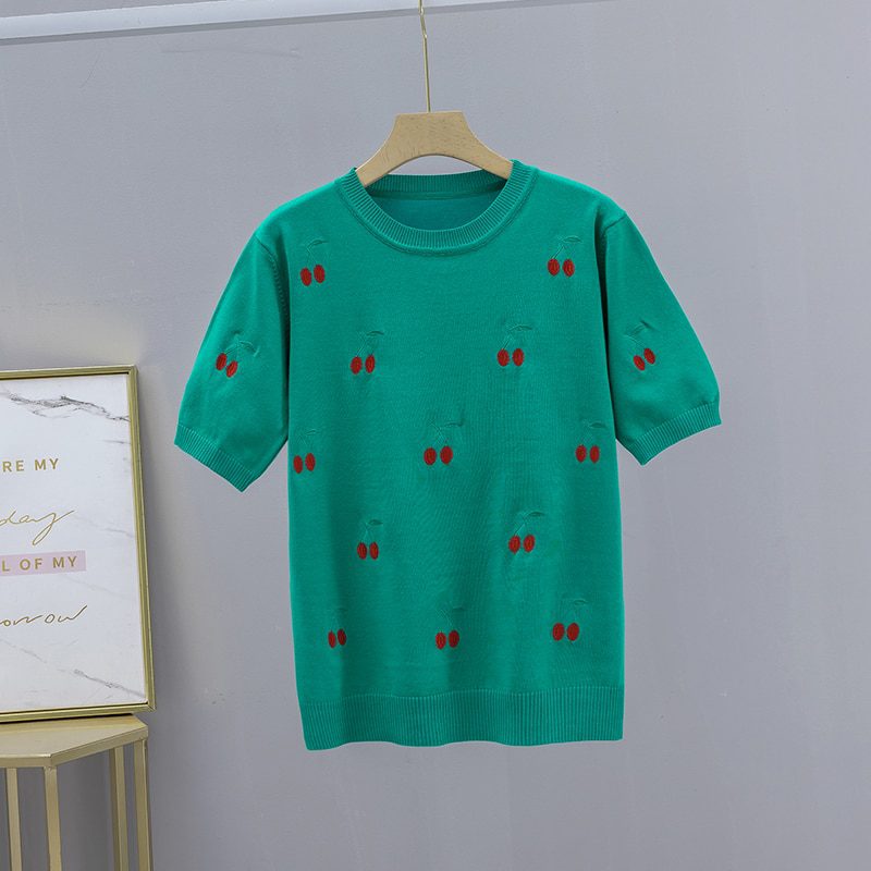 GIGOGOU Cherry Embroidery Summer Women T-Shirt Fashion Basic Loose Short Sleeve T shirt Top OverSized Female Casual Tee Shirt