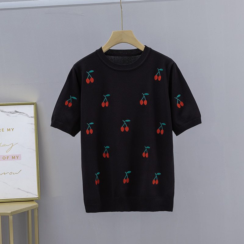 GIGOGOU Cherry Embroidery Summer Women T-Shirt Fashion Basic Loose Short Sleeve T shirt Top OverSized Female Casual Tee Shirt