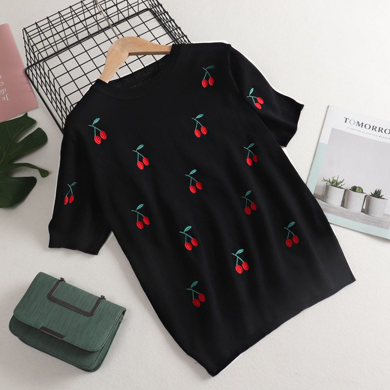 GIGOGOU Cherry Embroidery Summer Women T-Shirt Fashion Basic Loose Short Sleeve T shirt Top OverSized Female Casual Tee Shirt