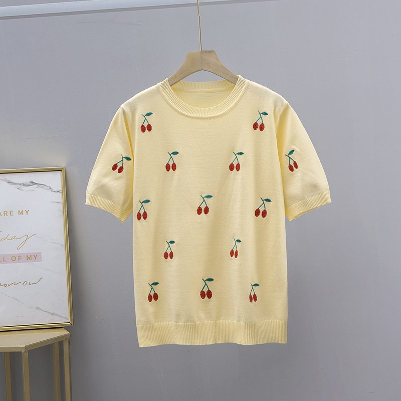 GIGOGOU Cherry Embroidery Summer Women T-Shirt Fashion Basic Loose Short Sleeve T shirt Top OverSized Female Casual Tee Shirt