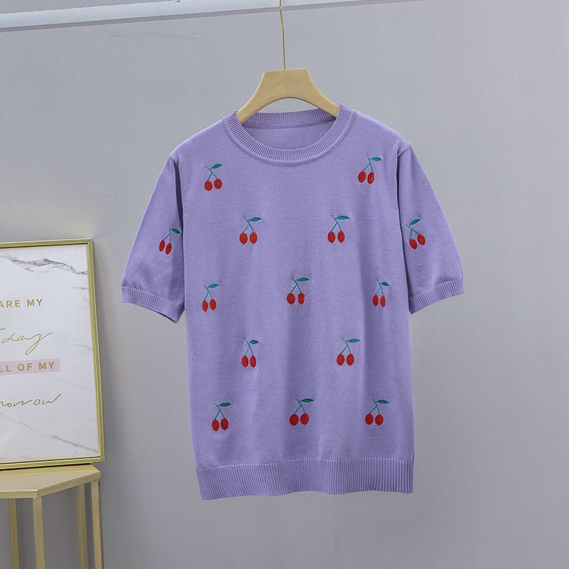 GIGOGOU Cherry Embroidery Summer Women T-Shirt Fashion Basic Loose Short Sleeve T shirt Top OverSized Female Casual Tee Shirt