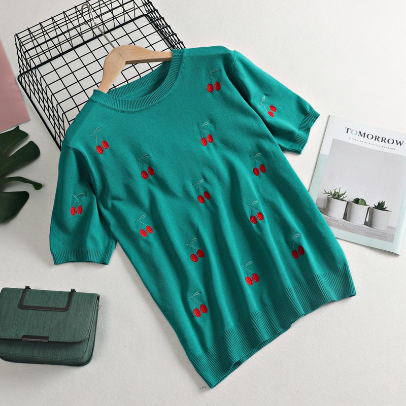 GIGOGOU Cherry Embroidery Summer Women T-Shirt Fashion Basic Loose Short Sleeve T shirt Top OverSized Female Casual Tee Shirt