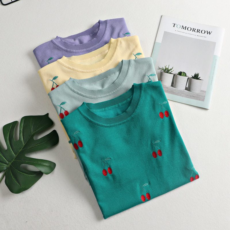 GIGOGOU Cherry Embroidery Summer Women T-Shirt Fashion Basic Loose Short Sleeve T shirt Top OverSized Female Casual Tee Shirt