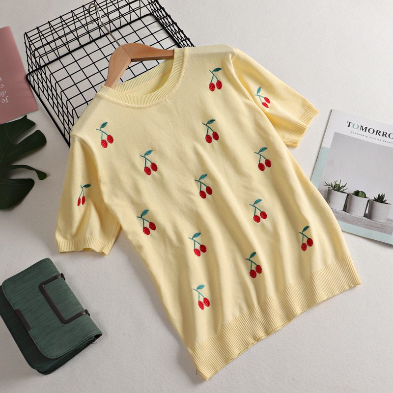 GIGOGOU Cherry Embroidery Summer Women T-Shirt Fashion Basic Loose Short Sleeve T shirt Top OverSized Female Casual Tee Shirt