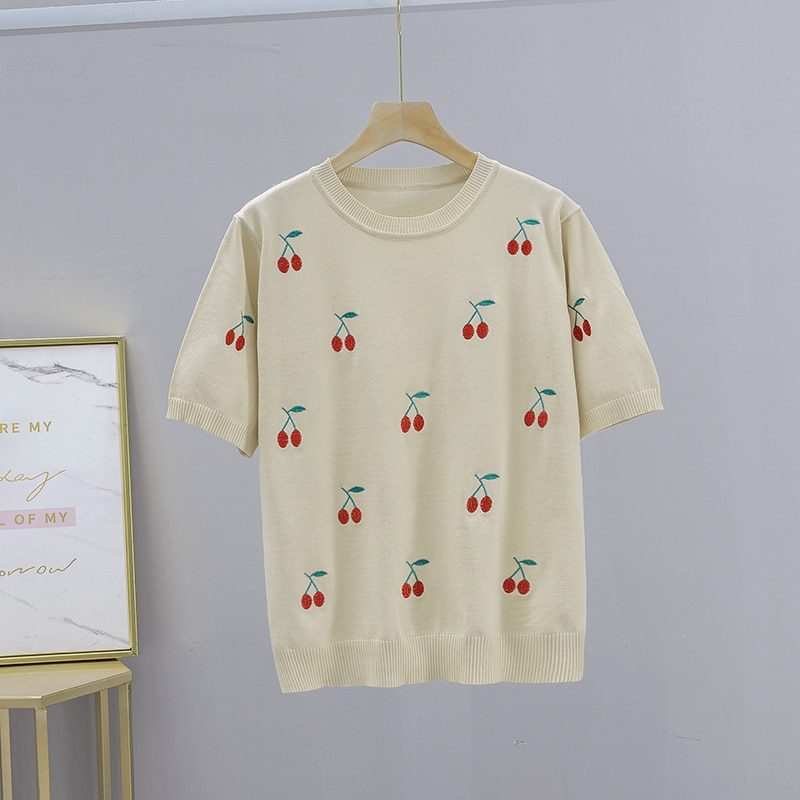 GIGOGOU Cherry Embroidery Summer Women T-Shirt Fashion Basic Loose Short Sleeve T shirt Top OverSized Female Casual Tee Shirt