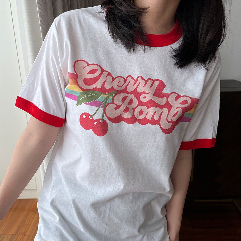 Vintage Cherry Bomb Printing Ringer Tees Short Sleeve Loose Cotton 80s 90s T Shirts Women Crewneck Ins Fashion Aesthetic Shirts