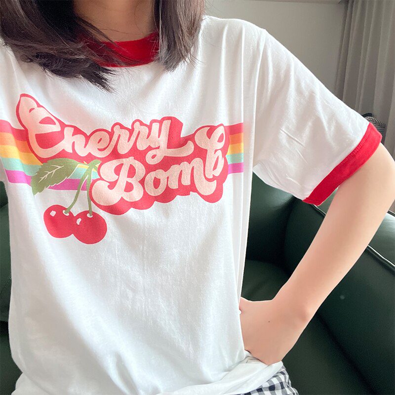 Vintage Cherry Bomb Printing Ringer Tees Short Sleeve Loose Cotton 80s 90s T Shirts Women Crewneck Ins Fashion Aesthetic Shirts