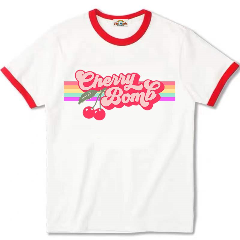 Vintage Cherry Bomb Printing Ringer Tees Short Sleeve Loose Cotton 80s 90s T Shirts Women Crewneck Ins Fashion Aesthetic Shirts