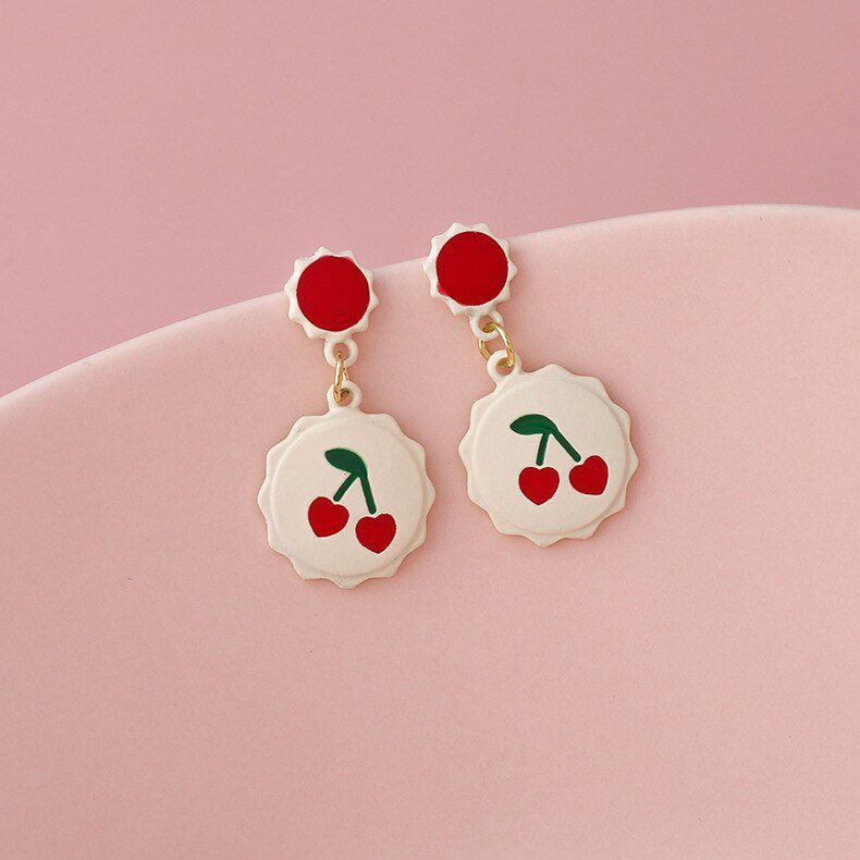 Origin Summer Korean Cute Love Heart Small Cherry Strawberry Fruit Dangle earrings for Women Fairy Bow-knot earrings Jewelry
