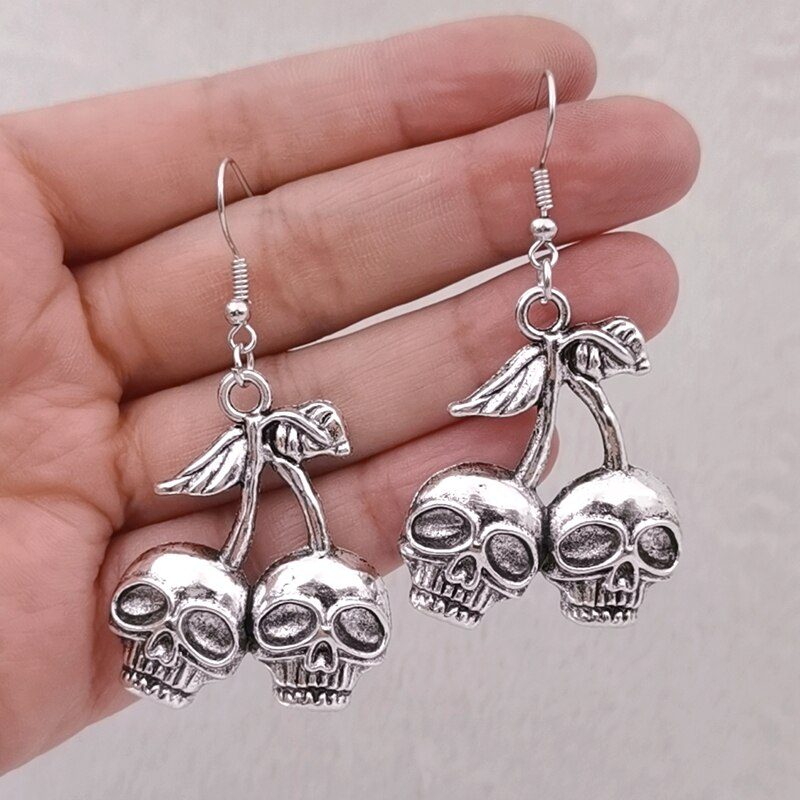 Skull Cherry Earrings/ Silver Plated Skulls Earrings/ Halloween earrings/ funky spooky quirky earrings/ Nickel Free