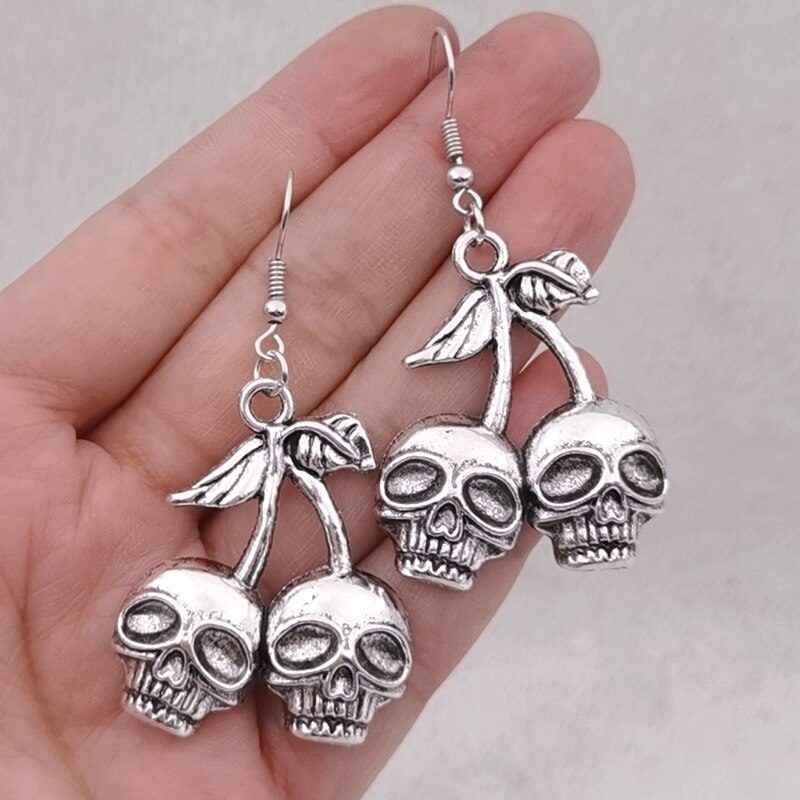 Skull Cherry Earrings/ Silver Plated Skulls Earrings/ Halloween earrings/ funky spooky quirky earrings/ Nickel Free