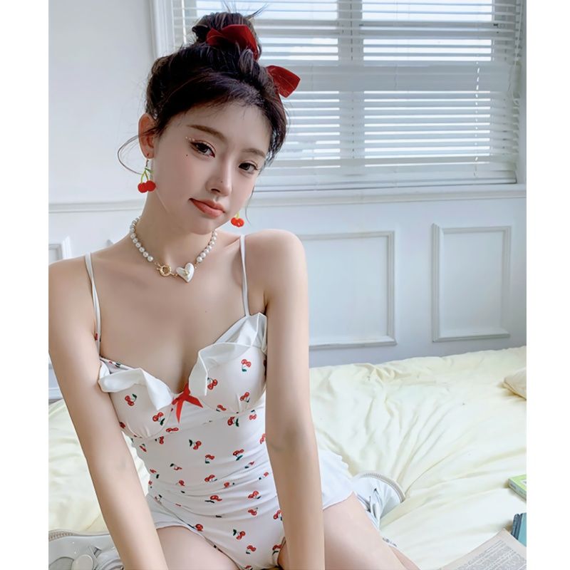 Kawaii swimsuit female Siamese conservative retro cherry sweet Japanese cute slim hot spring bikini