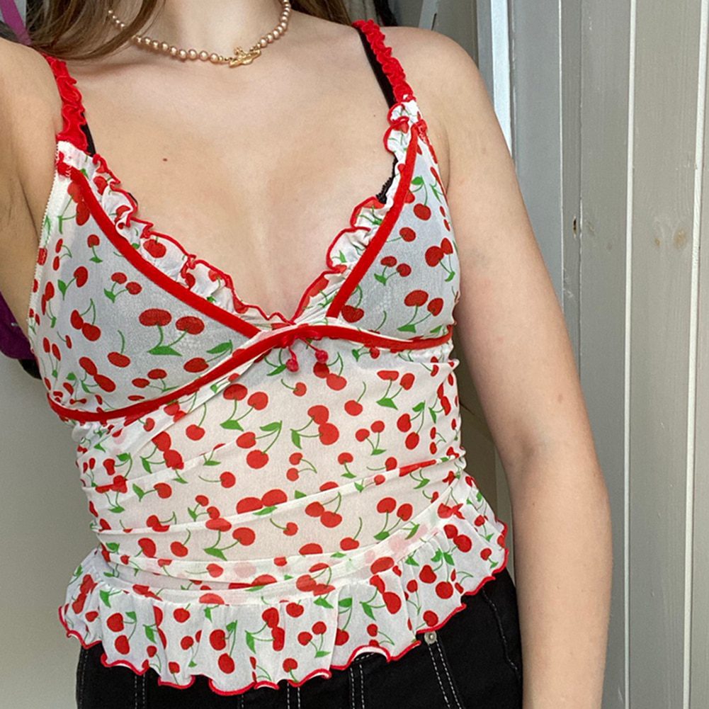 Cherry Printed Ruched y2k Cute Cropped Tops Women Summer Bow Sleeveless Aesthetic Top Tee Sexy Skinny 90s Camisole