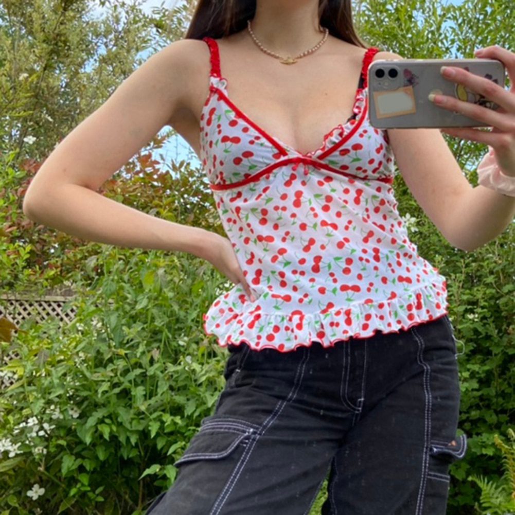 Cherry Printed Ruched y2k Cute Cropped Tops Women Summer Bow Sleeveless Aesthetic Top Tee Sexy Skinny 90s Camisole