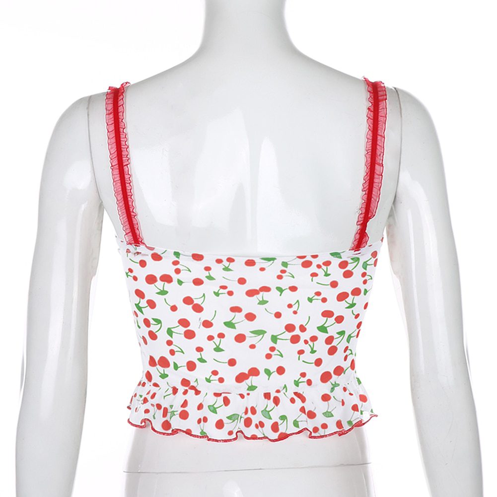 Cherry Printed Ruched y2k Cute Cropped Tops Women Summer Bow Sleeveless Aesthetic Top Tee Sexy Skinny 90s Camisole