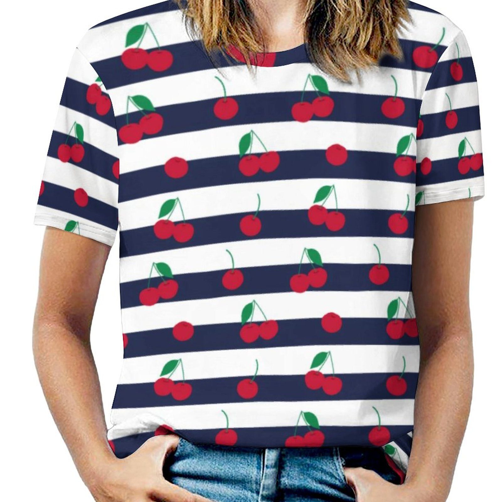 Cute Cherry T Shirt Black Striped Print Elegant T-Shirts Short Sleeve Streetwear Tshirt Beach Design Tees Big Size 5XL 6XL