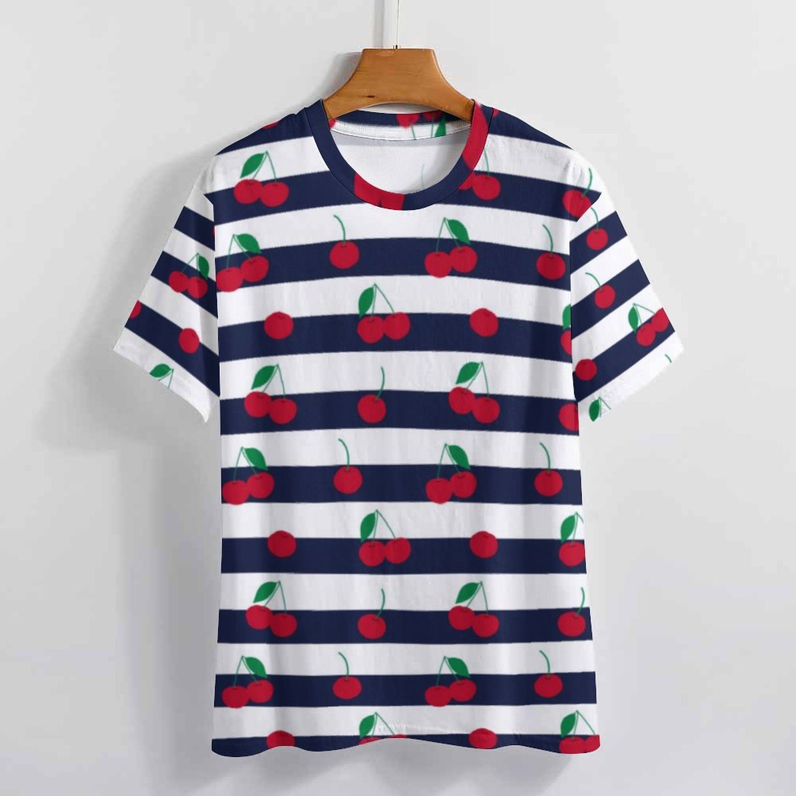 Cute Cherry T Shirt Black Striped Print Elegant T-Shirts Short Sleeve Streetwear Tshirt Beach Design Tees Big Size 5XL 6XL