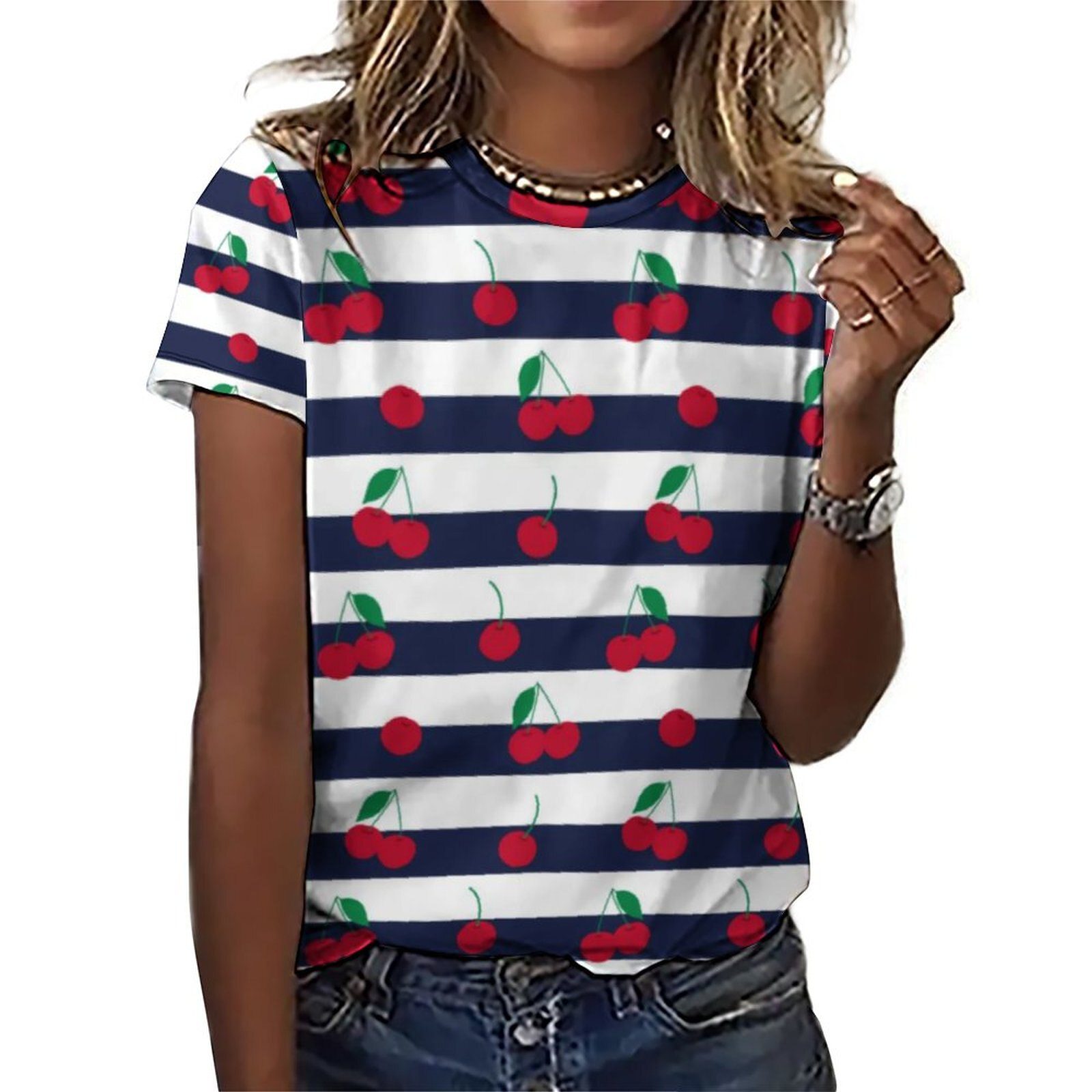 Cute Cherry T Shirt Black Striped Print Elegant T-Shirts Short Sleeve Streetwear Tshirt Beach Design Tees Big Size 5XL 6XL