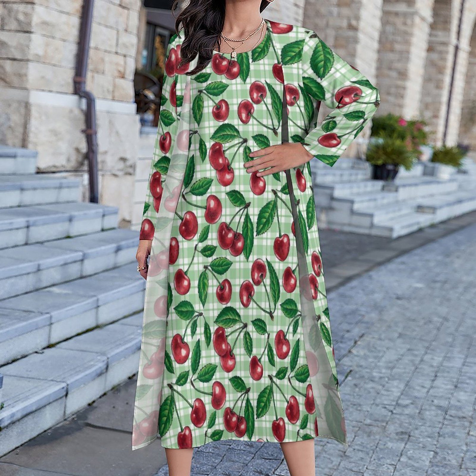 Red Cherry Dress Green Plaid Print Cute Maxi Dress Long Sleeve Design Casual Long Dresses Street Fashion Oversized Clothing