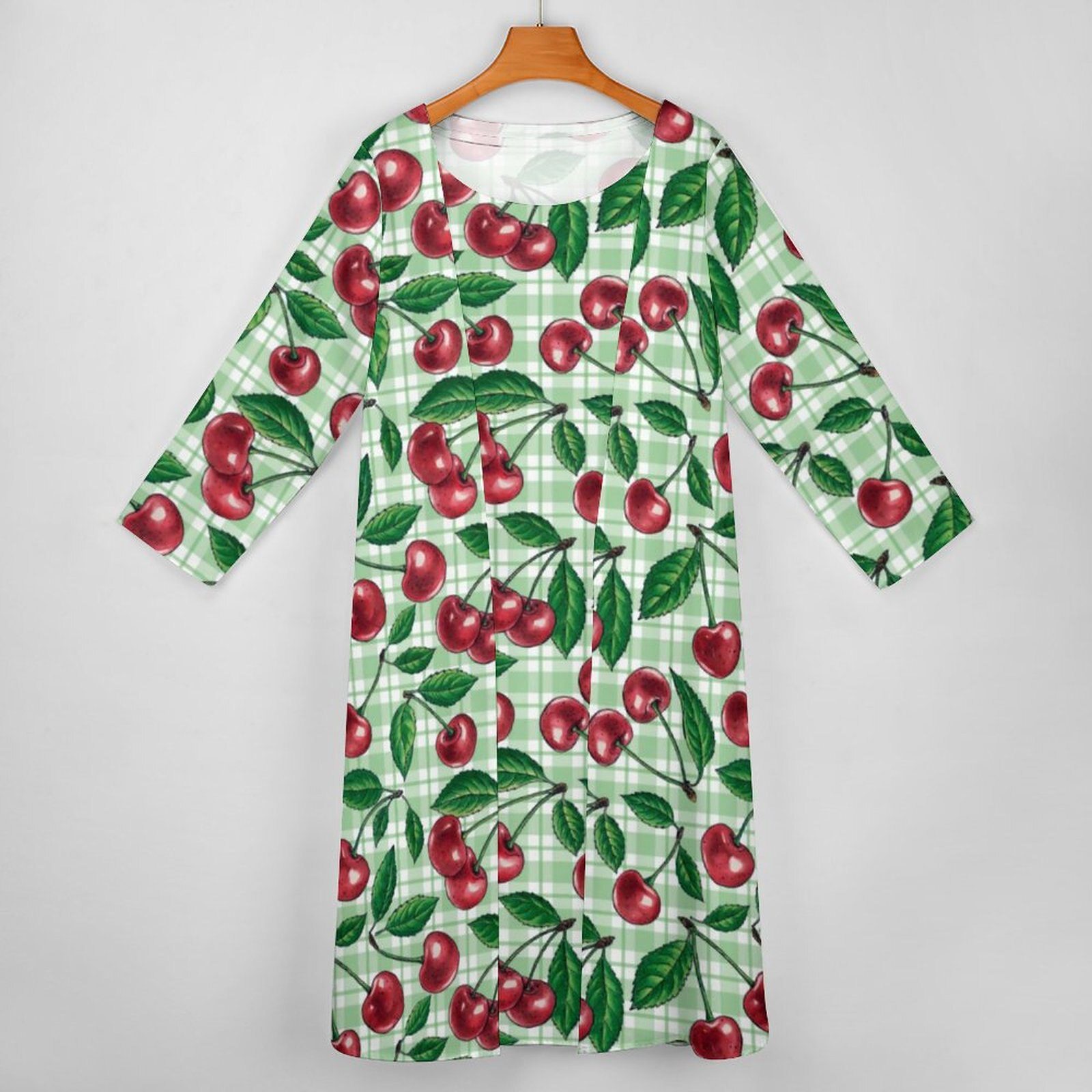 Red Cherry Dress Green Plaid Print Cute Maxi Dress Long Sleeve Design Casual Long Dresses Street Fashion Oversized Clothing