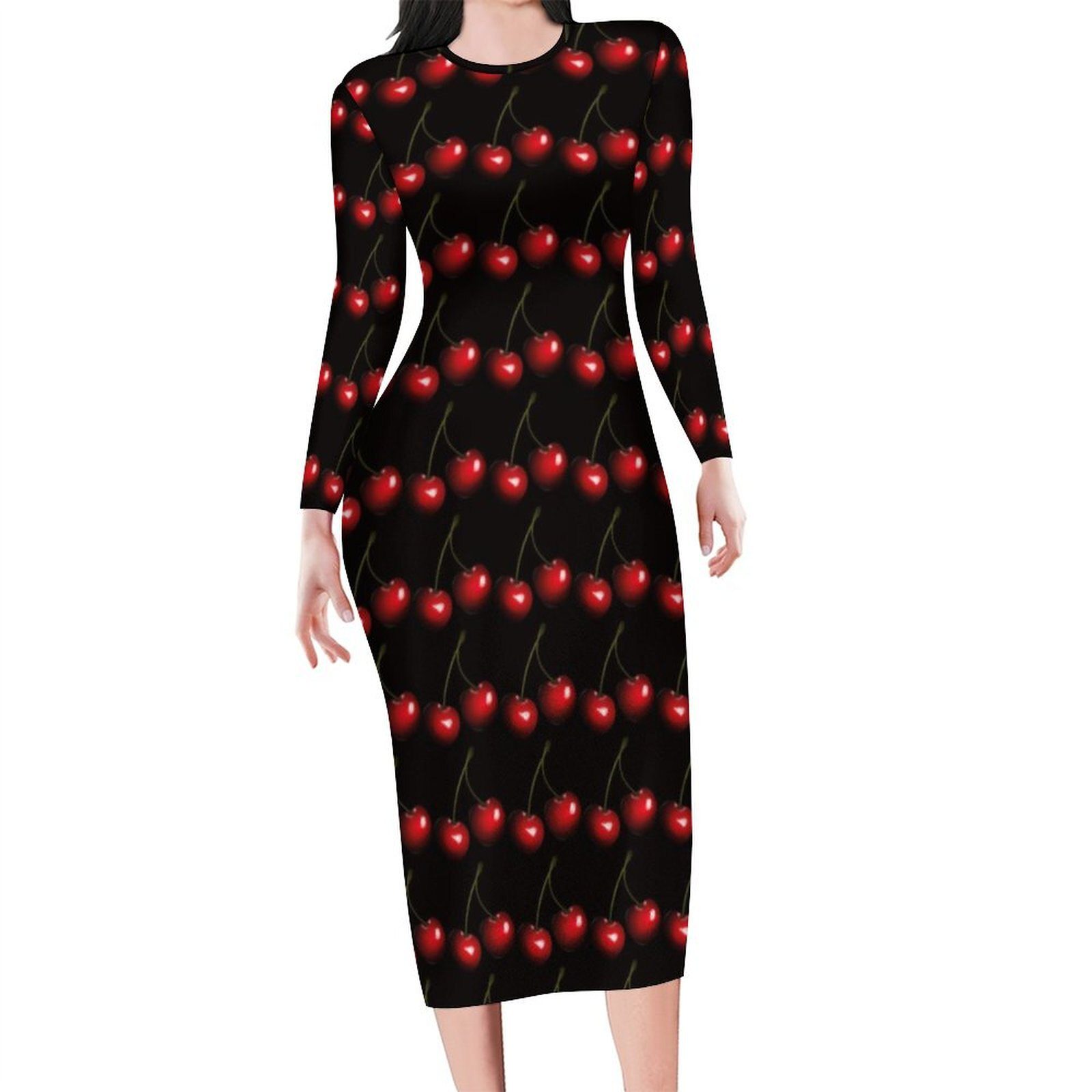 Red Sweet Cherry Dress Long Sleeve Natural Fruit Retro Dresses Autumn Female Street Style Custom Bodycon Dress Big Size 4XL 5XL