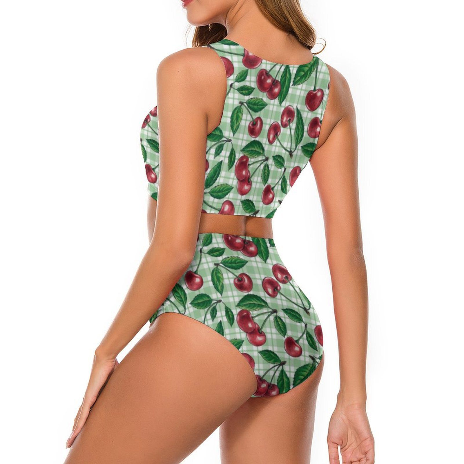 Red Cherry Bikini Swimsuit Green Plaid Print Swimwear Women Sexy Vintage Bikini Set Printed Bathing Suit Gift