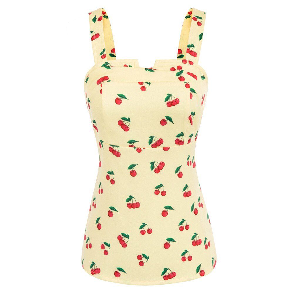 BP Summer Sleeveless Tops Women Vintage Cherries Print Blouse Wide Strap Smocked Back Slim Fit Tank Top 1950s Pin Up Style Shirt