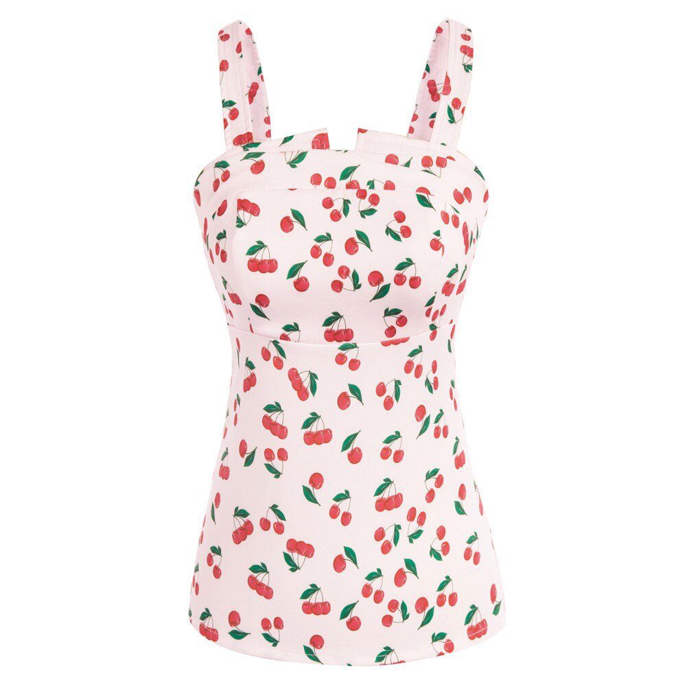 BP Summer Sleeveless Tops Women Vintage Cherries Print Blouse Wide Strap Smocked Back Slim Fit Tank Top 1950s Pin Up Style Shirt