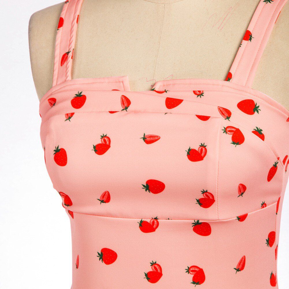 BP Summer Sleeveless Tops Women Vintage Cherries Print Blouse Wide Strap Smocked Back Slim Fit Tank Top 1950s Pin Up Style Shirt