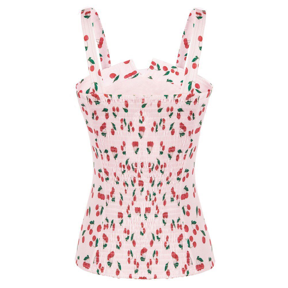 BP Summer Sleeveless Tops Women Vintage Cherries Print Blouse Wide Strap Smocked Back Slim Fit Tank Top 1950s Pin Up Style Shirt